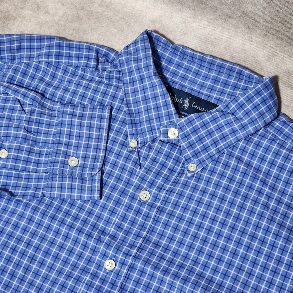 Ralph Lauren Mens Classic Fit XLT Tall‎ Blue Plaid White Check Button Down Shirt